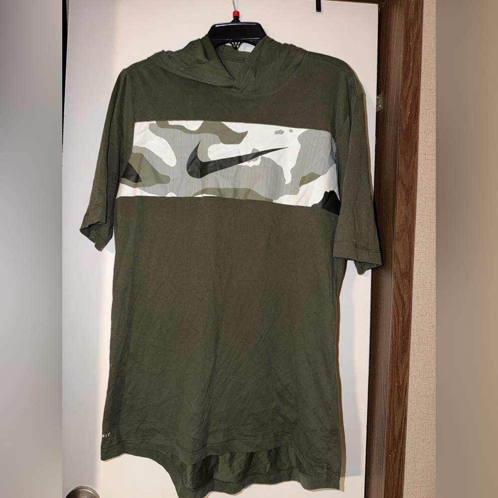 Nike Olive Green Short Sleeve Hooded Tee with Camo Swoosh